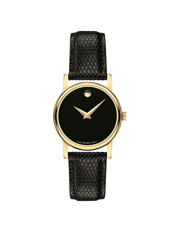 Fingerhut Movado Women s Classic Museum Swiss Quartz 24K Gold Over Stainless Steel Black Leather Strap Watch
