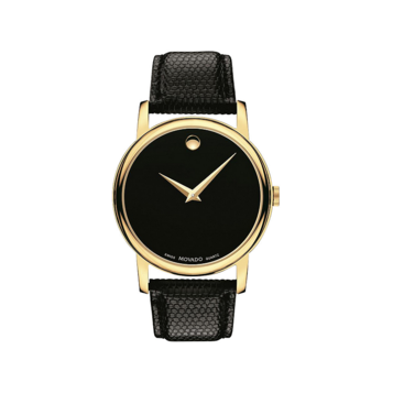 Fingerhut Movado Men s Museum Swiss Quartz 24K Gold Over Stainless Steel Case Black Leather Strap Watch
