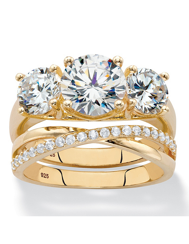 Fingerhut PalmBeach Jewelry 14K Gold Plated Sterling Silver Round CZ 3 Stone Crossover Bridal Set
