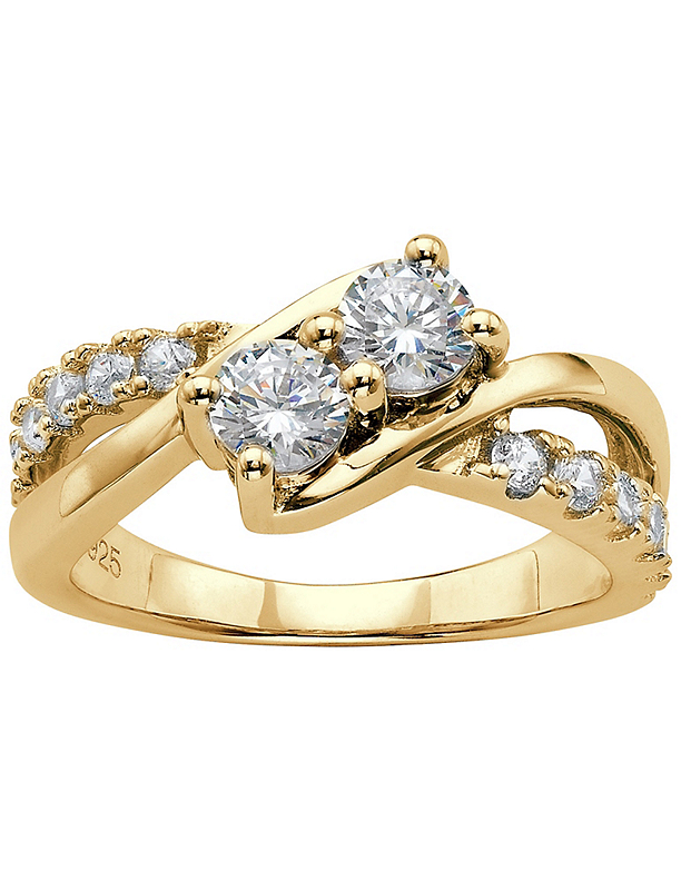 Fingerhut PalmBeach Jewelry 14K Gold Over Sterling Silver CZ Two Stone Crossover Ring