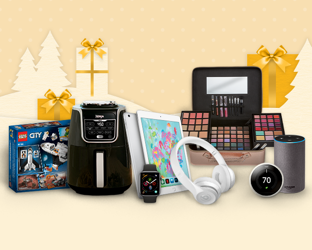 Lego set, Ninja air fryer, white iPad, Apple watch, white beats headphones, makeup set, Nest thermostat, Amazon echo