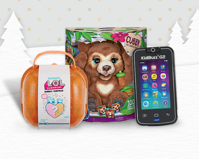 stuffed bear, rainbow purse, learning tablet, Nintendo Switch