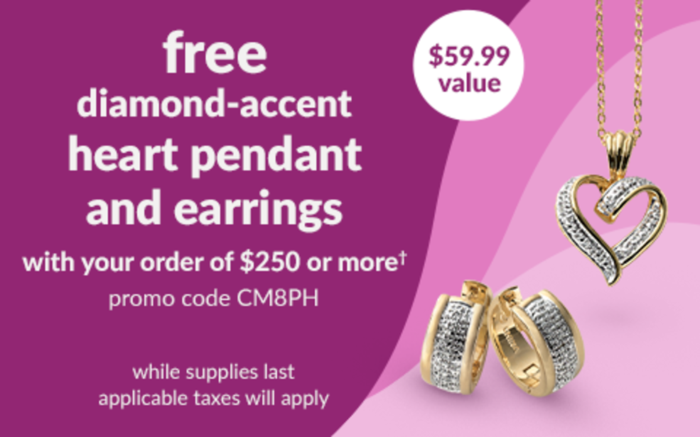 free diamond-accent heart pendant and earrings with your order of $250 or more* promo code CM8PH while supplies last applicable taxes will apply
