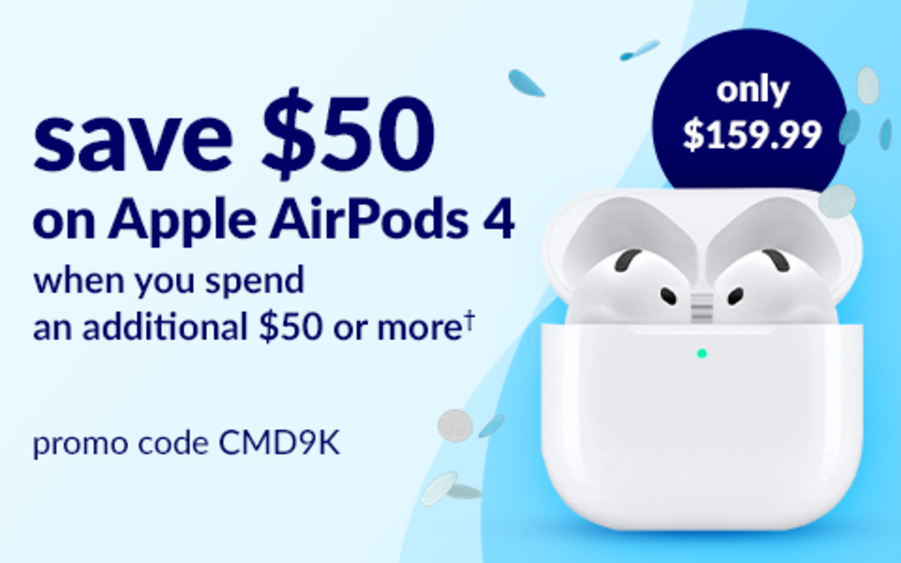 save $50 on Apple AirPods 4 when you spend an additional $50 or more use promo code CMD9K